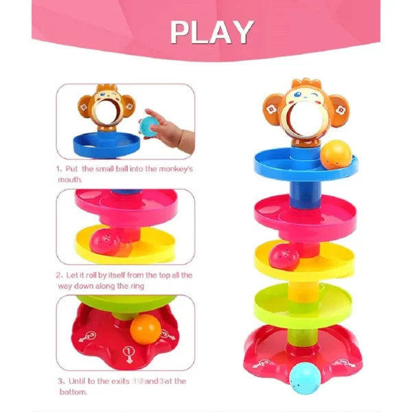 Rolling Ball Drop Tower Toy – 5-Layer Stack & Roll Ramp with 3 Rattle Balls for Babies & Toddlers (Multicolor)