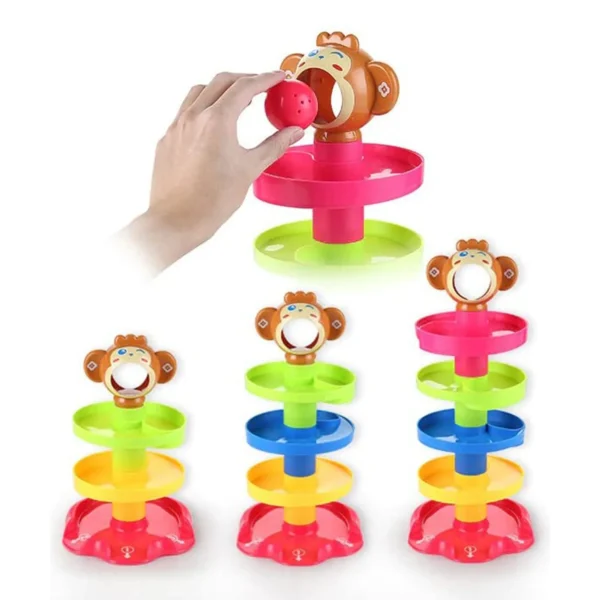 Rolling Ball Drop Tower Toy – 5-Layer Stack & Roll Ramp with 3 Rattle Balls for Babies & Toddlers (Multicolor)